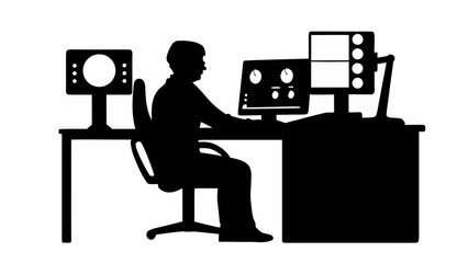Poster - Silhouette of a person sitting at a desk with multiple computer monitors and a control panel display unit