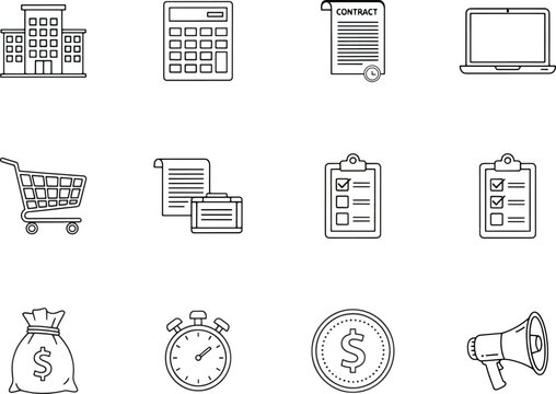 Business and Finance Line Icons Set. Office, Money, Documents, Shopping, and Time Management Symbols