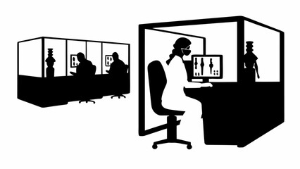 Poster - Silhouette of people working in office cubicles with computers and artifacts on display in showcases