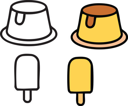 A set of simple icons showing a caramel flan and a yellow popsicle, both in colored and black and white outline versions.
