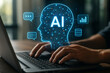 © FAQIR - Person types on laptop interacting with AI virtual assistant. AI concepts like prompt engineering, generative AI visualized.