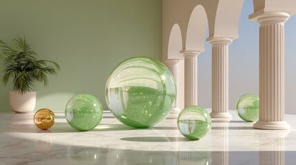 Poster - Green glass spheres and gold ball on marble floor with classical columns and plant