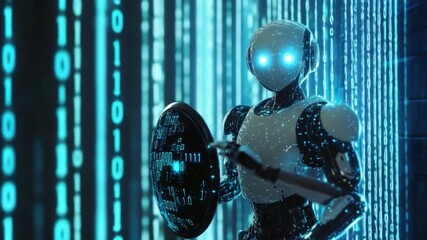 Poster - Futuristic Robot Holding Shield in Front of Digital Binary Code Background with Glowing Numbers and High-Tech Aesthetic 4k video footage