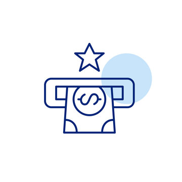 Dollar bill in ATM slot and star. Trusted financial services, banking and account management. Cash withdrawal. Pixel perfect, editable stroke vector icon