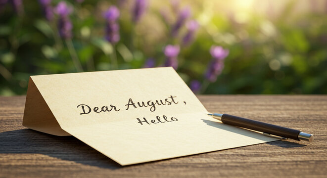 A handwritten letter with a greeting, resting on a wooden surface, with a pen.