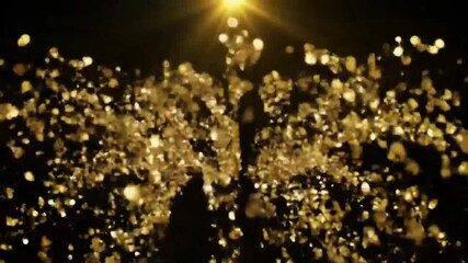 Poster - Golden particles explode outwards from a central point against a dark background, illuminated by a bright light source.