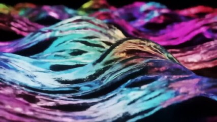 Poster - Abstract wavy surface with vibrant colors, resembling a fluid landscape, illuminated against a dark background.