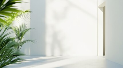 Poster - Minimalist indoor space with a white wall and a green plant casting shadow