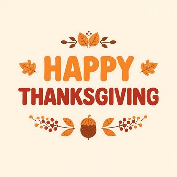 A cheerful Happy Thanksgiving design with autumnal leaves and acorns