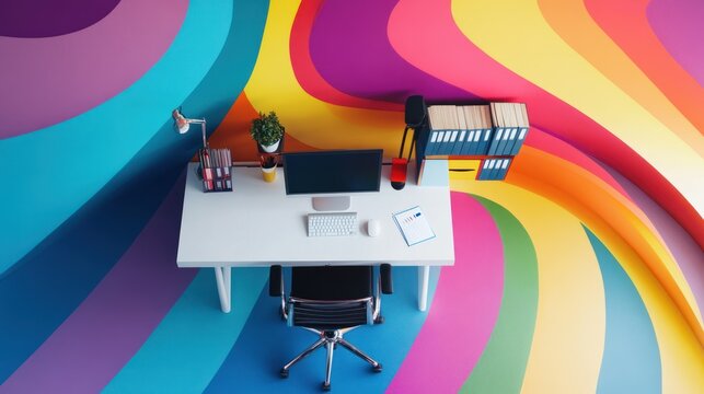 Modern workspace setup against a backdrop of vibrant psychedelic art waves