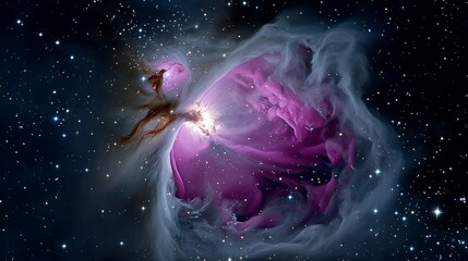 Wall Mural - purple and blue space with a bright light in the middle. the light is surrounded by a purple cloud