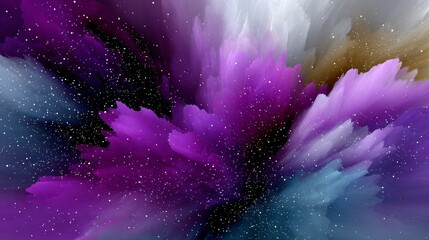 Poster - Colorful explosion of purple, blue, and white stars. The image is a vibrant and dynamic representation of the vastness and beauty of the universe