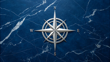 elegant silver compass rose with detailed cardinal directions set against a dark blue marbled backgr