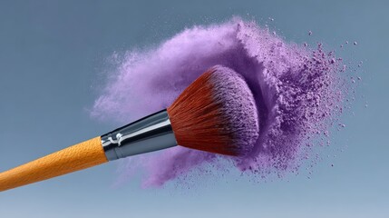 Poster - Makeup brush is being used to apply purple powder. Concept of creativity and artistry