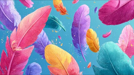 Poster - Colorful image of many different colored feathers scattered across a blue background. The feathers are in various shades of pink, yellow, and purple, creating a vibrant and lively atmosphere