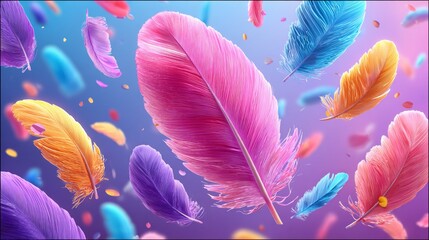 Poster - Colorful image of many different colored feathers floating in the air. The feathers are of various colors, including pink, blue, and yellow. Concept of freedom and lightness