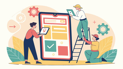 Innovative flat design illustration depicting collaborative teamwork on digital project development and user interface management in a vibrant and engaging vector graphic for digital creators and