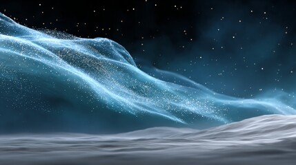 Poster - Blue sky with white clouds and a white hill in the background. The sky is filled with stars and the clouds are scattered throughout the sky