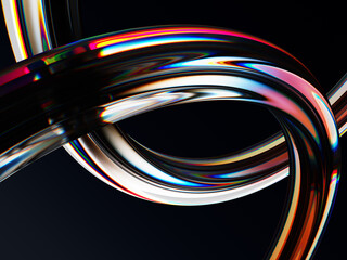 Poster - 3d liquid glass wave lines with neon rainbow light gradient and motion effect. Abstract black background with chromatic fluid flow curve shapes render. Iridescent water ribbon pattern. 3D illustration