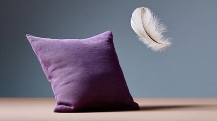 Poster - Pillow with a feather on top of it. The pillow is purple and the feather is white