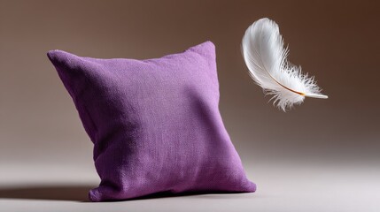 Poster - Pillow with a feather on top of it. The pillow is purple and the feather is white