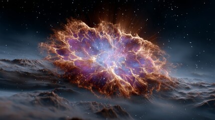 Wall Mural - bright orange and purple explosion in space. the explosion is surrounded by a cloud of smoke and the