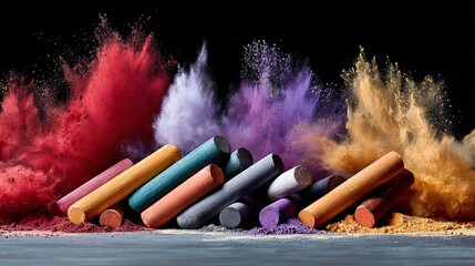 Poster - Row of colorful crayons are scattered on a table, with some of them being purple and others being green. Concept of creativity and playfulness, as the crayons are often used for drawing and coloring