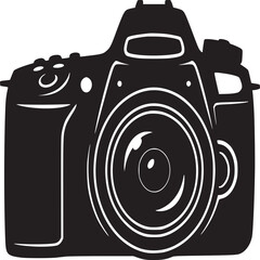 Fototapete - A black and white silhouette of a professional camera with a large lens and multiple buttons visible