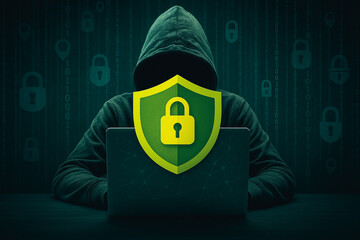 Fototapete - Digital Fortress: A cloaked figure, the digital guardian, sits poised at a laptop. An imposing shield, emblazoned with a symbolic padlock, is centered, echoing the themes of cybersecurity. 
