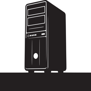 A black and white illustration of a computer tower with a white background in simple design style