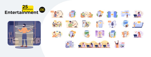Poster - Modern digital entertainment and livestreaming cartoon flat illustrations mega bundle. VR technology, podcasting, mobile apps, esports 2D images isolated on white. Collection vector drawings colorful