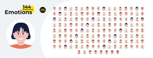 Poster - Diverse facial emotions avatars cartoon flat illustrations mega bundle. People moods. Happiness, sadness, anger, fear, surprise 2D images isolated on white. Collection vector drawings colorful