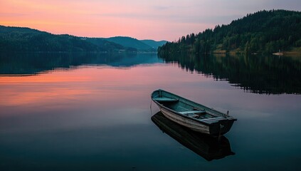 Naklejka na meble A small rowboat gently floating on the calm waters of Lake ZA, reflecting the orange glow from an enchanting sunset sky.