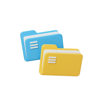 Two 3D rendered folders, one blue and one yellow,  illustrating digital organization. isolated on a transparent background, png, cutout