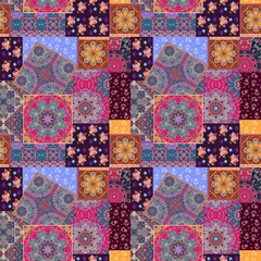 Wall Mural - motley patchwork pattern with leaves, mandalas, flowers. seamless ethnic background.