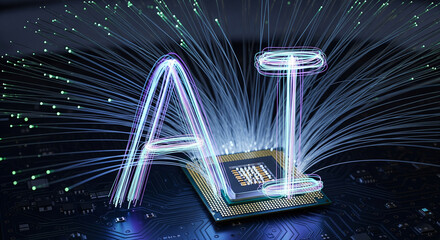 artificial intelligence showcased by cpu, fiber optic cables, and glowing ai lettering for cutting e