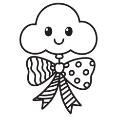 Fototapete -  A black and white line art illustration of a charming balloon shaped like a smiling cloud, featuring a patterned ribbon flowing downwards with alternating stripes and polka dots.