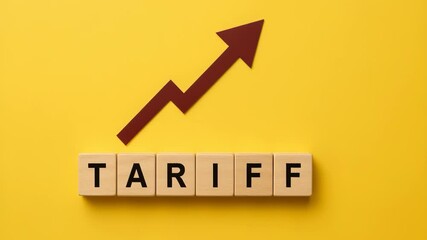 Poster - Tax impact trade. Tariff increase shown with wooden blocks and upward arrow symbolizing economic growth and rising costs on yellow background
