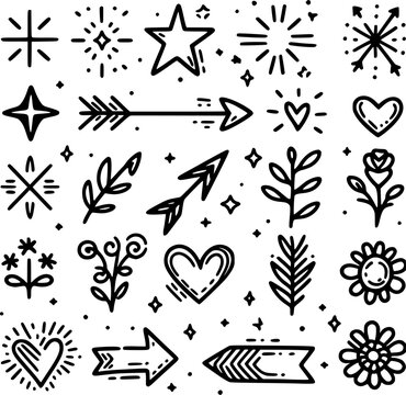 Sketch doodle cute star, emphasis, flower element. Cute line sketch star, arrow, heart decoration element icon set. Pen line text decoration shape icon. Vector illustration. EPS version.