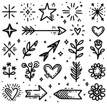 Sketch doodle cute star, emphasis, flower element. Cute line sketch star, arrow, heart decoration element icon set. Pen line text decoration shape icon. Vector illustration. Transparent PNG version.