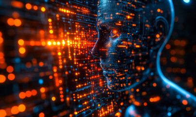 Poster - Futuristic digital humanoid face integrated with glowing orange and blue data streams representing artificial intelligence and advanced technology concepts in dark background