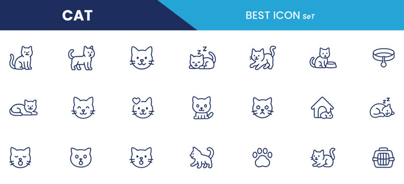 Cat Line Icons Set – Vector Pack Featuring Cute Cat Faces, Poses, Pet Accessories, and Feline Expressions for Design Projects