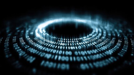 Abstract blue circle overlays binary code in digital theme, symbolizing online infrastructure, secure network, and futuristic connectivity