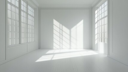 Poster - Sunbeams filtering through windows in a luxurious white empty room with classic wall panels and elegant floor