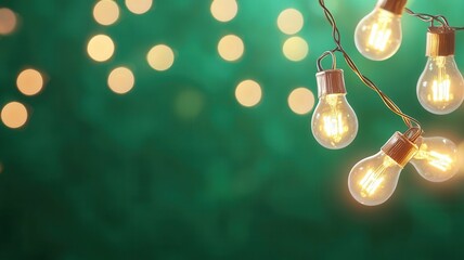 Poster - Light bulbs glowing softly, suspended against blurred green backdrop, emanating cozy, inspiring ambiance