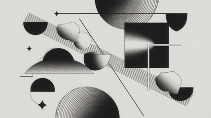 Poster - Monochrome abstract composition with geometric shapes and halftone textures