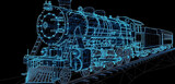 Digital Blueprint of a Steam Train on Tracks Against a Black Background