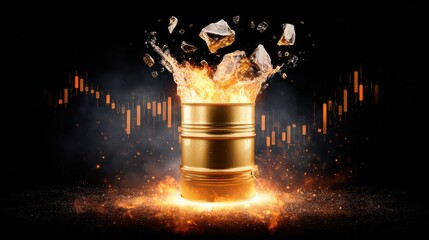 Poster - An explosive scene featuring a gold barrel bursting with energy and ice, set against a backdrop of fluctuating financial graphs.