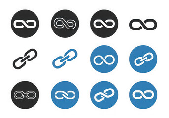 Poster - Collection of twelve link icons in black and blue on a transparent background representing web connections and digital interfaces