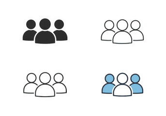 Diverse vector icons of a group of three people in various styles representing teamwork community and social connections isolated on transparent background